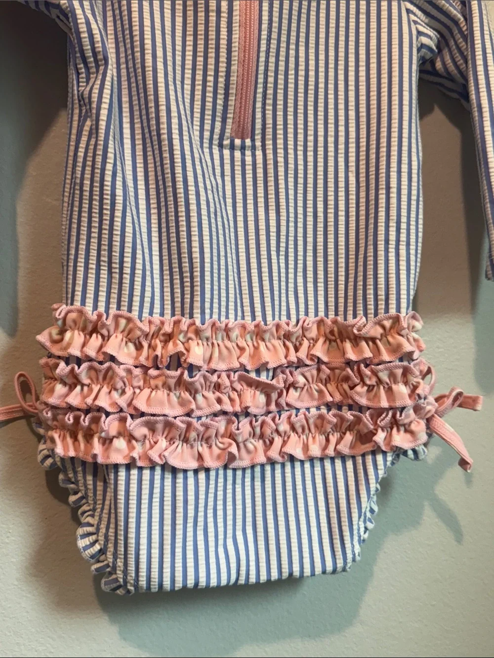 Ruffle Butts 12 - 18 Months Blue White Stripe Long Sleeve One Piece Pink Trim
